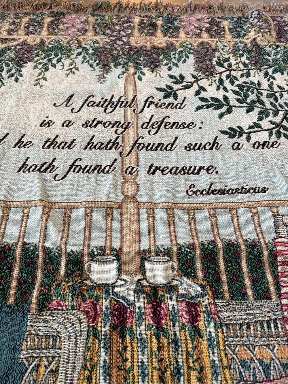 Cozy Porch Tapestry Throw Blanket with Floral and Wicker Chair Scene